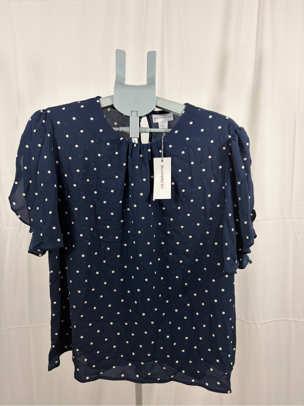 NWT Liz Claiborne Size XLT Navy Blue Polka Dot Short Sleeve Blouse